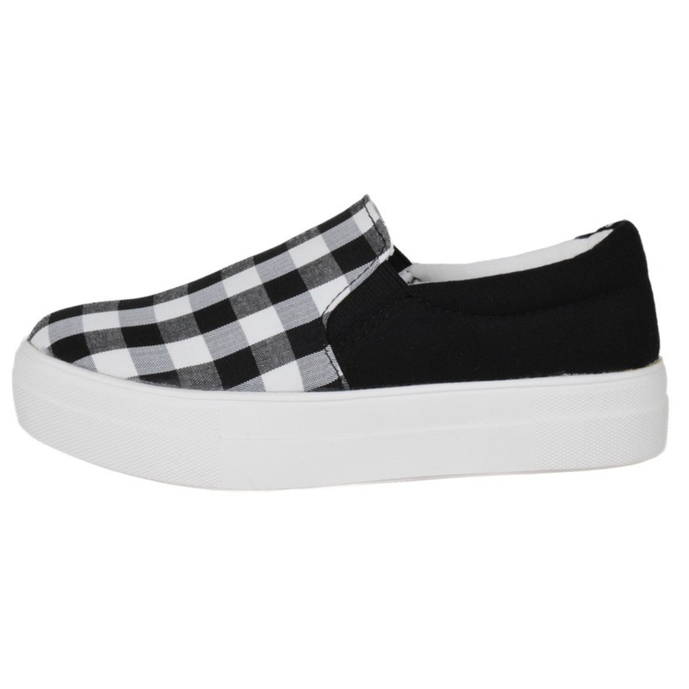 Women Slip on Platform Sneakers Black White Plaid Checkered Flats Size 6.5 - Picture 2 of 3